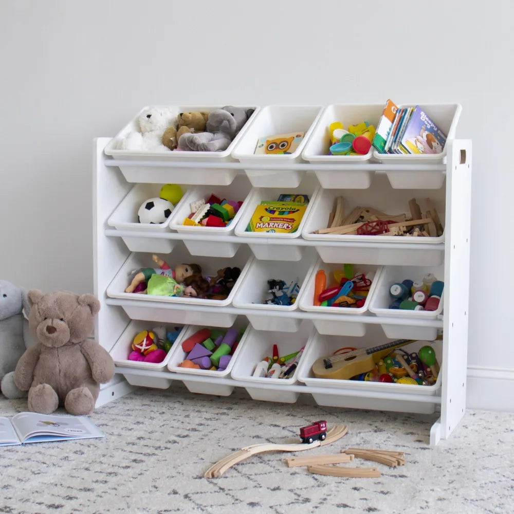 Toy Storage Organizer With 16 White Plastic Storage Bins