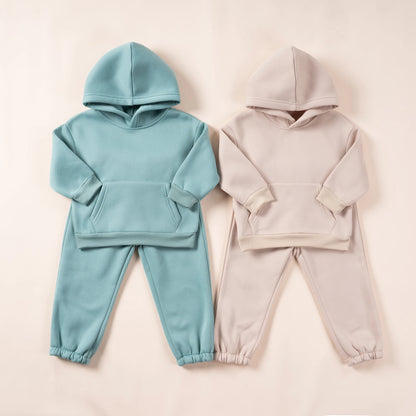 Winter Children Hooded 0-6Y Toddler Boys Girls Solid Plush Sweater and Sports Pants Set