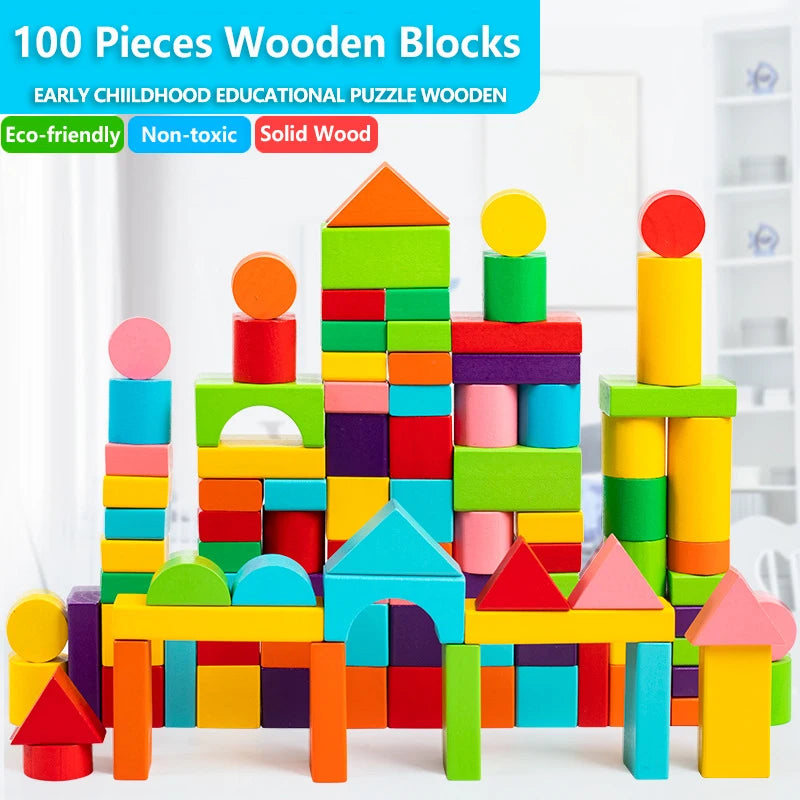 Wooden Building Blocks Set with Storage Bag