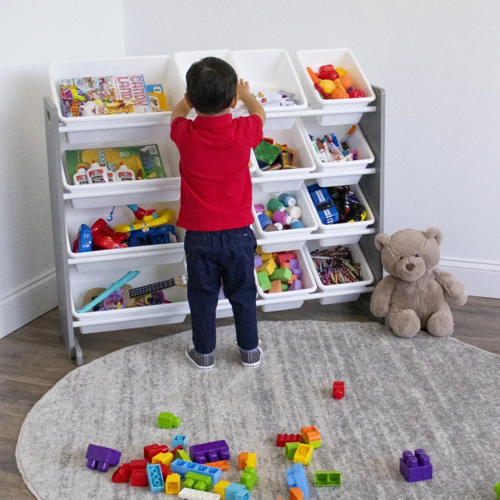 Toy Storage Organizer With 16 White Plastic Storage Bins