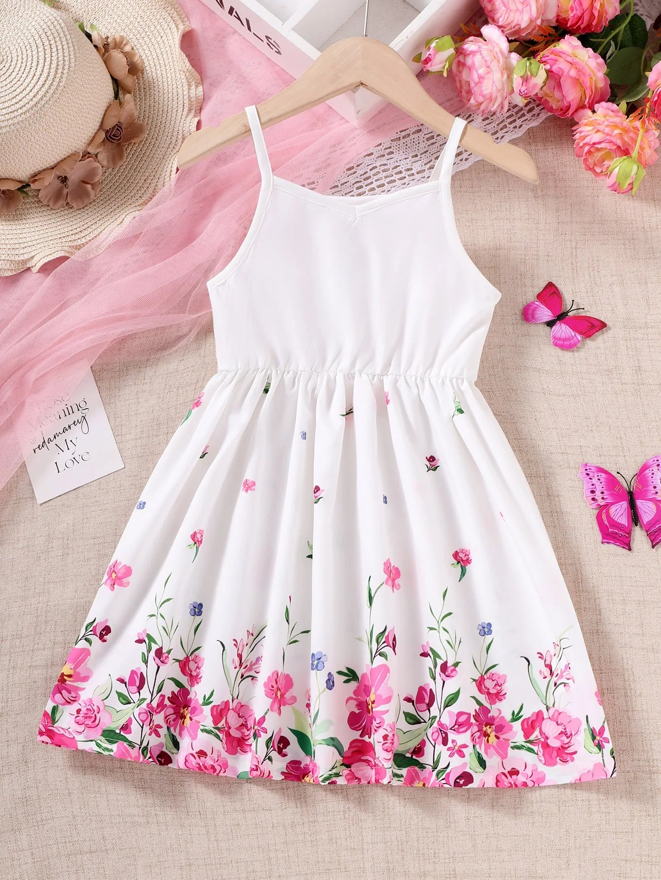 Kids Girl Summer New Sling Dress Flower Print Suspenders Dresses Daily Comfortable Casual Clothing for Children Girl 4-7 Years