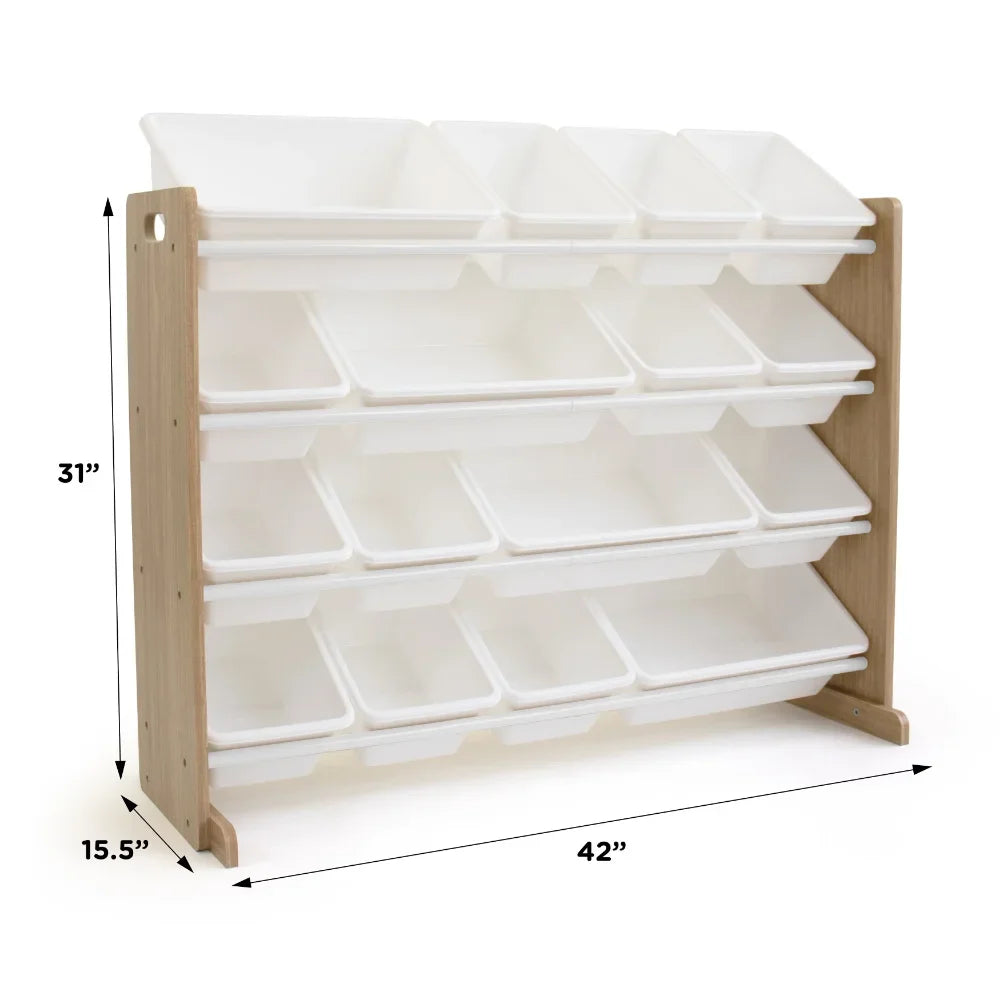 Toy Storage Organizer With 16 White Plastic Storage Bins