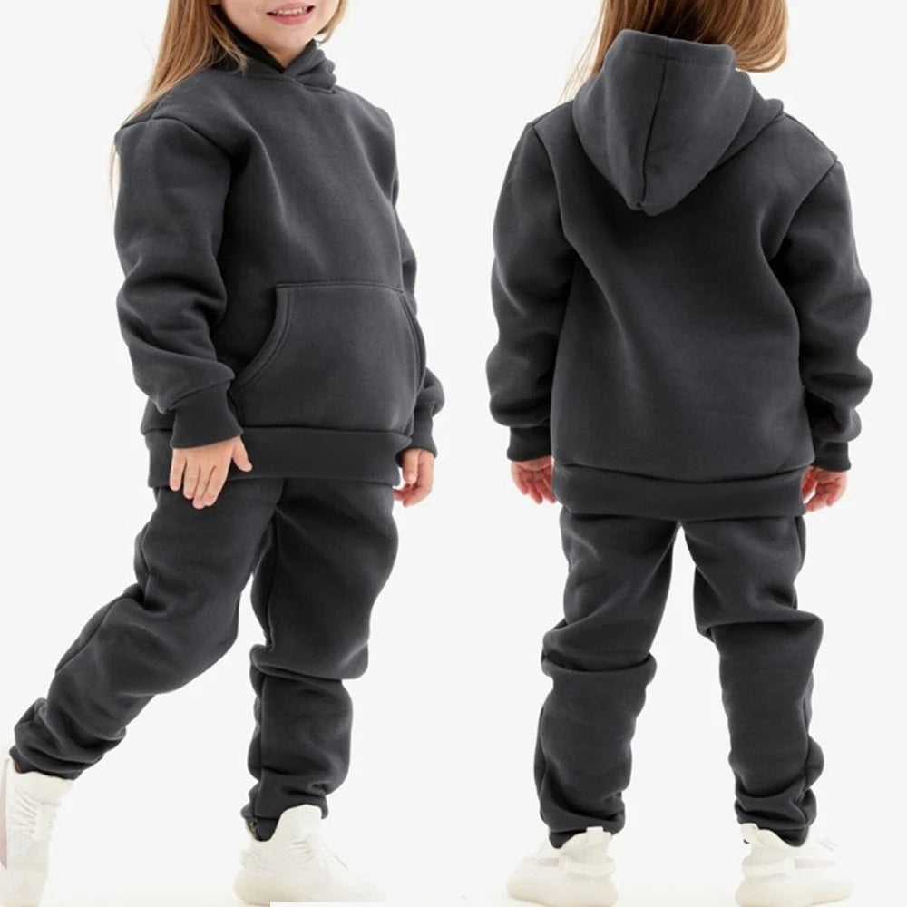 Winter Children Hooded 0-6Y Toddler Boys Girls Solid Plush Sweater and Sports Pants Set