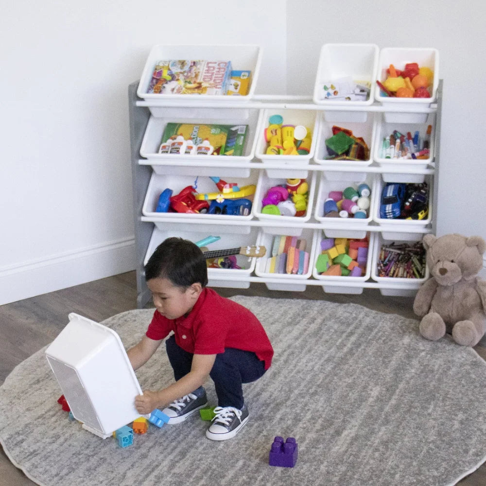 Toy Storage Organizer With 16 White Plastic Storage Bins